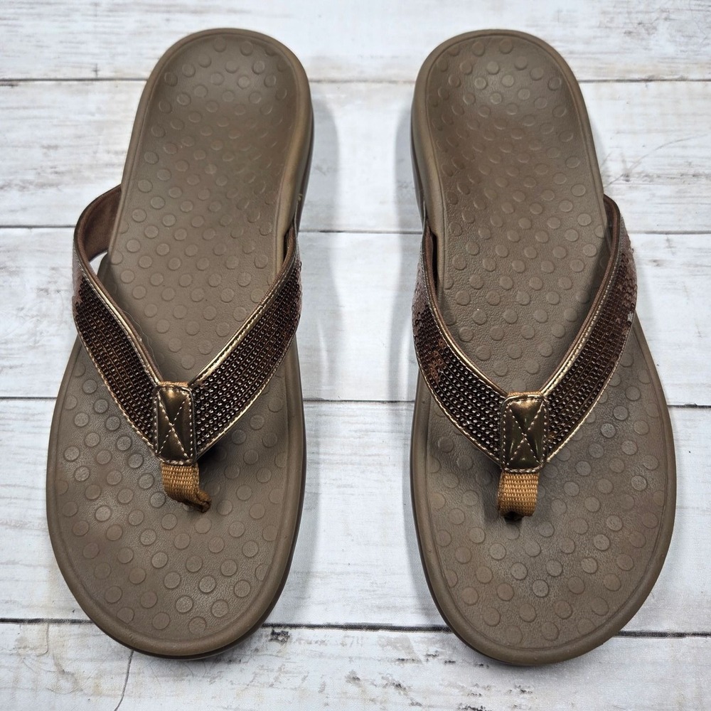 Vionic Tide Sequins Flip Flop Sandals Women 10 Bronze Orthaheel Arch Support‎